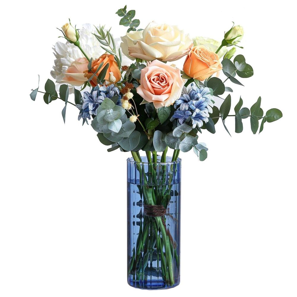 ComSaf Glass Cylinder Vase - 8 Inch Tall, Blue Ribbed